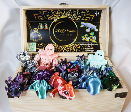 Retail Counter Top Display box with a assortment of 30 random 3D Printed Creatures